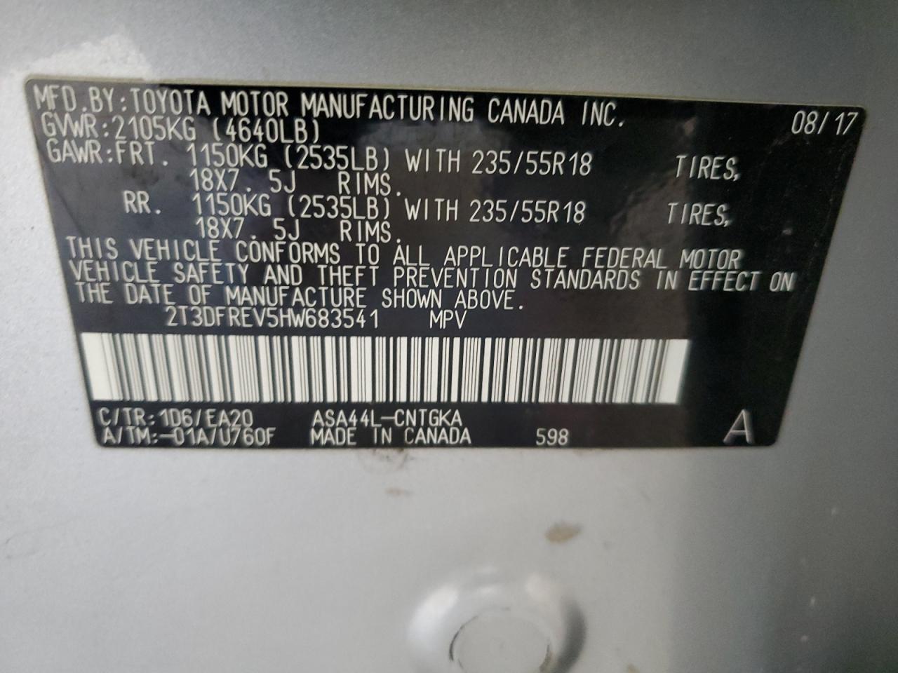 2017 Toyota RAV 4 VIN 2T3DFREV5HW683541 Copart auction photo, all over / minor dent/scratches damage thumbnail 13
