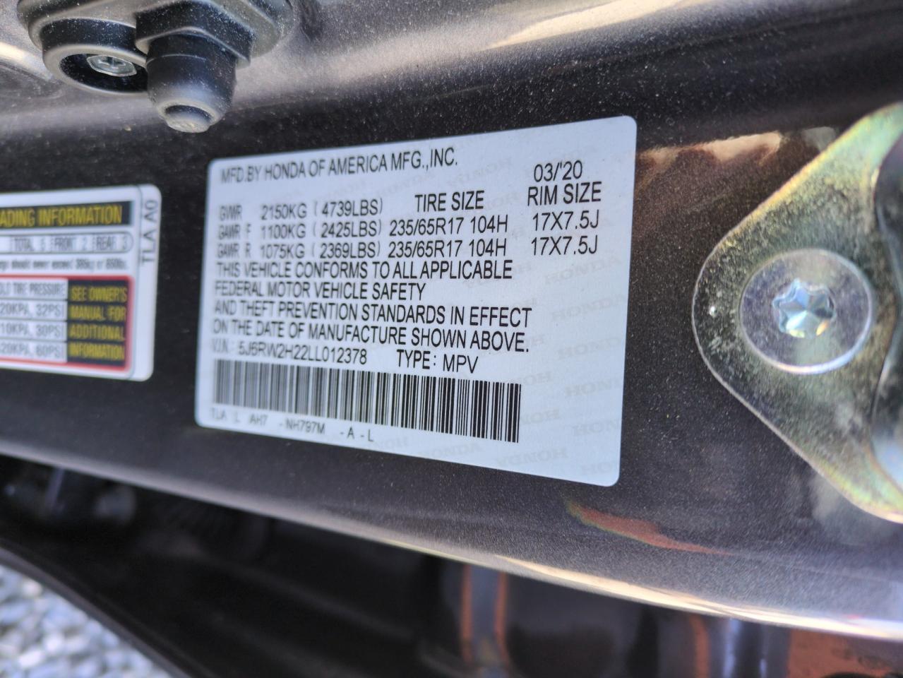2020 Honda CR-V VIN 5J6RW2H22LL012378 Copart auction photo, side damage thumbnail 12