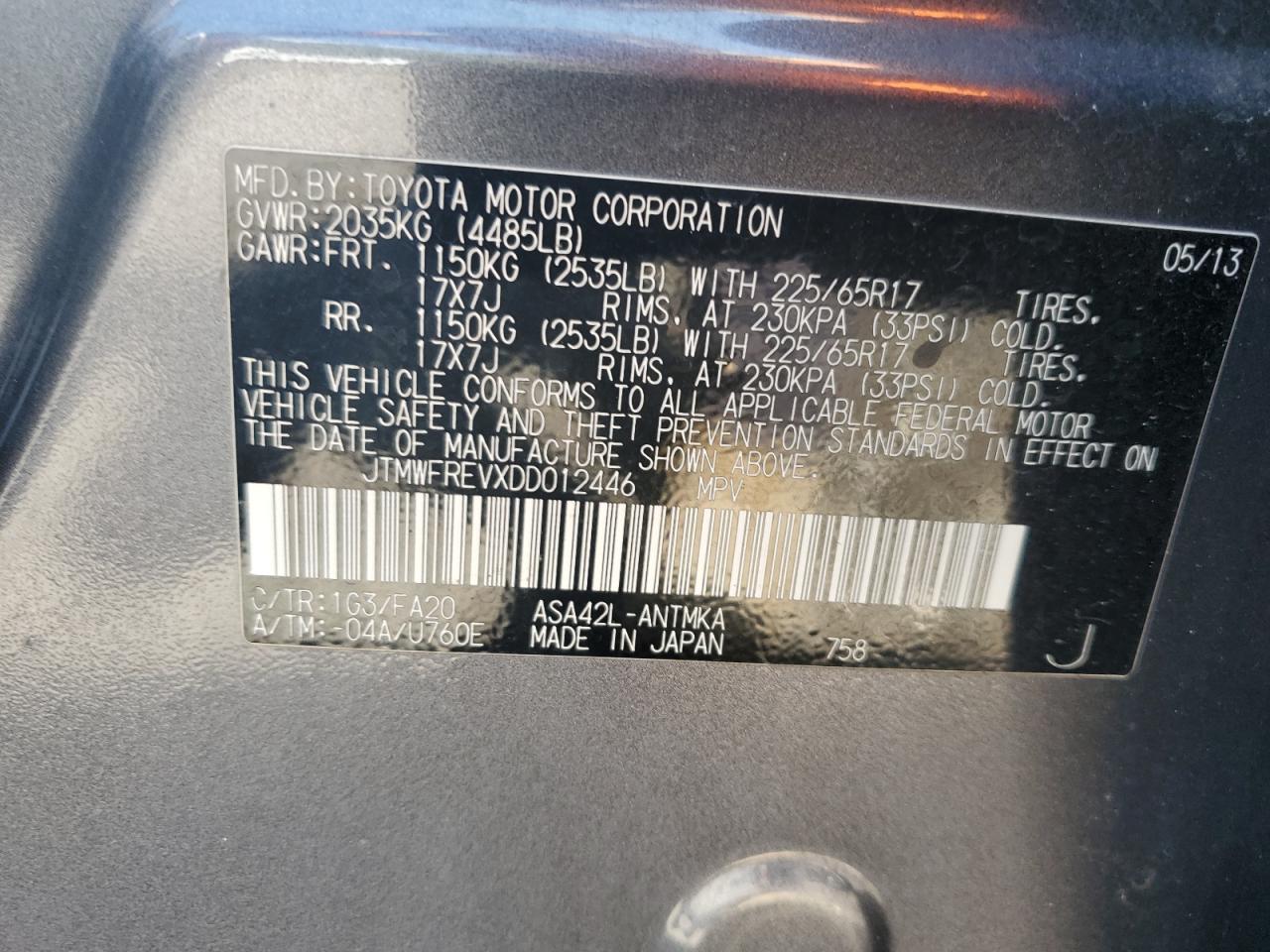 2013 Toyota RAV 4 VIN JTMWFREVXDD012446 Copart auction photo, front end / rear end damage thumbnail 13
