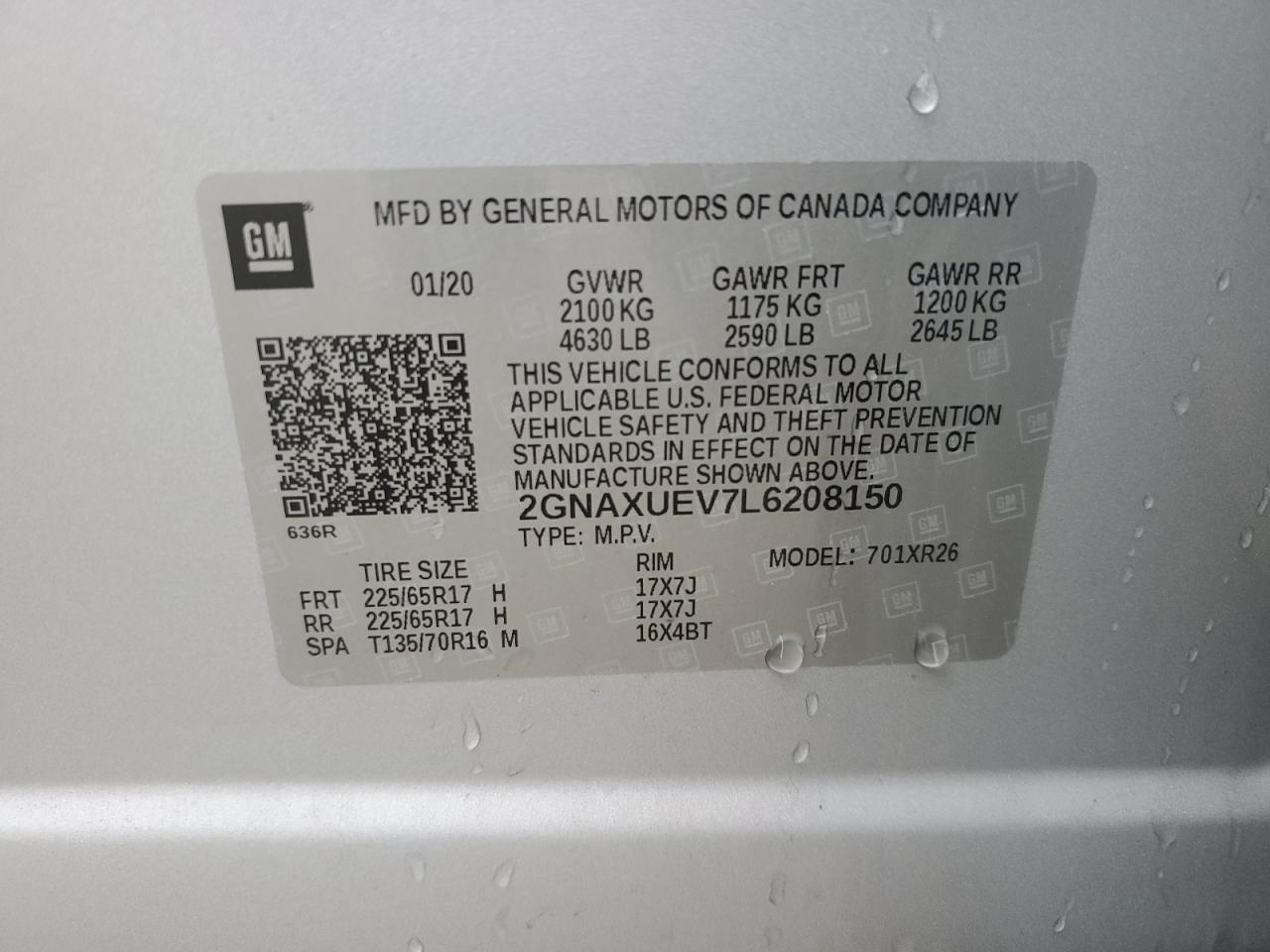 2020 Chevrolet Equinox VIN 2GNAXUEV7L6208150 Copart auction photo, front end / side damage thumbnail 15