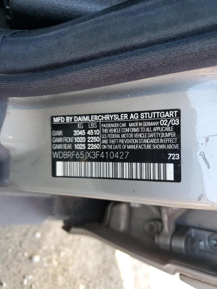2003 Mercedes-Benz C-klasse VIN WDBRF65JX3F410427 Copart auction photo, front end / side damage thumbnail 12