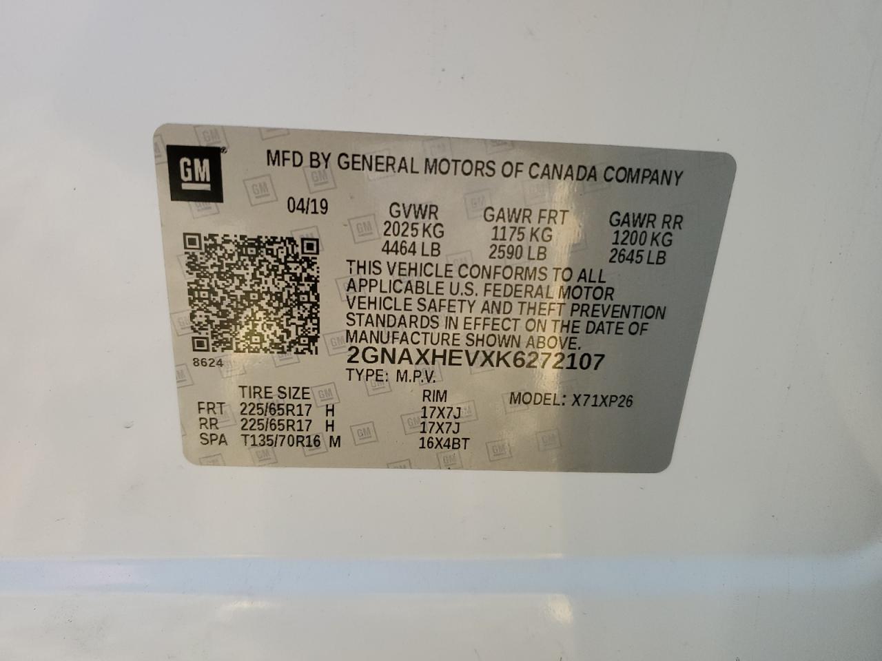2019 Chevrolet Equinox VIN 2GNAXHEVXK6272107 Copart auction photo, front end / minor dent/scratches damage thumbnail 14
