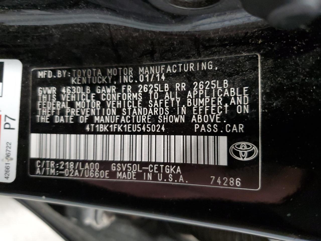 2014 Toyota Camry VIN 4T1BK1FK1EU545024 Copart auction photo, rear end / side damage thumbnail 14