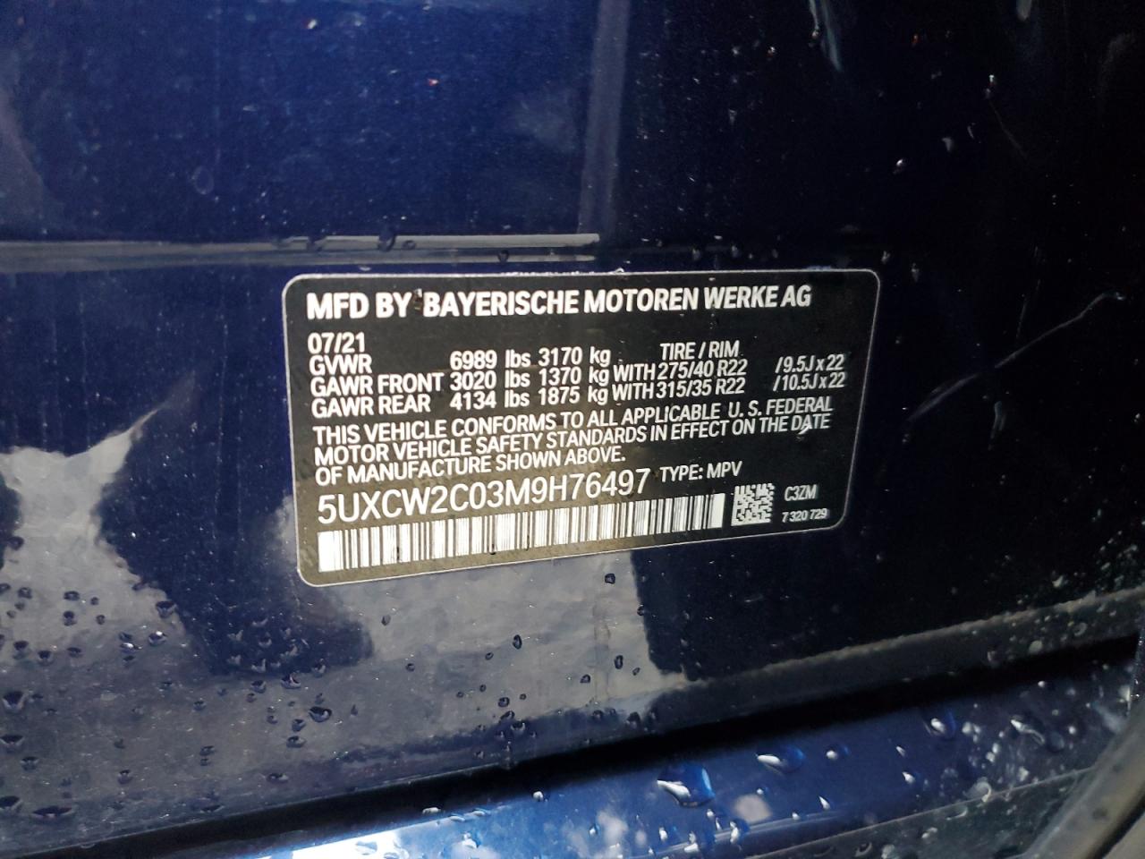 2021 BMW X7 VIN 5UXCW2C03M9H76497 Copart auction photo, front end / side damage thumbnail 15