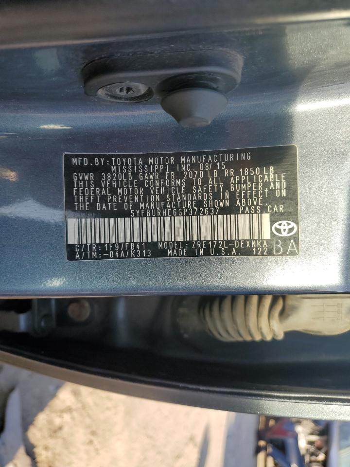 2016 Toyota Corolla VIN 5YFBURHE6GP372637 Copart auction photo, front end damage thumbnail 12