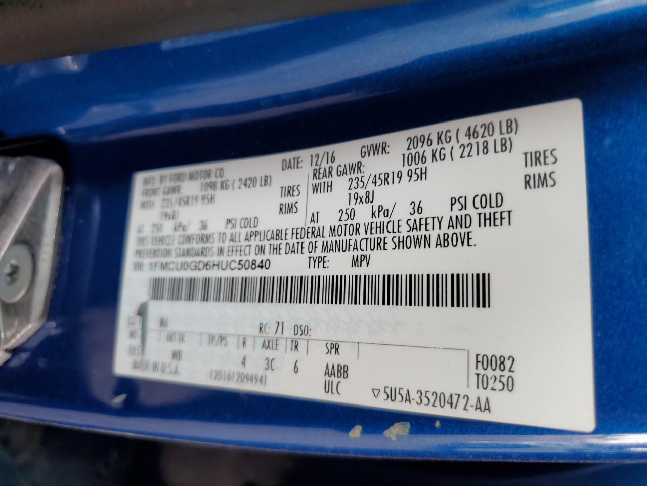 2017 Ford Escape VIN 1FMCU0GD6HUC50840 Copart auction photo, all over / side damage thumbnail 12