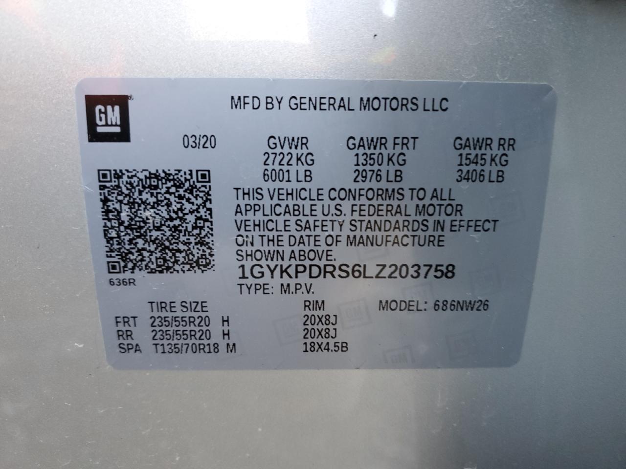 2020 Cadillac XT6 VIN 1GYKPDRS6LZ203758 Copart auction photo, front end / minor dent/scratches damage thumbnail 14