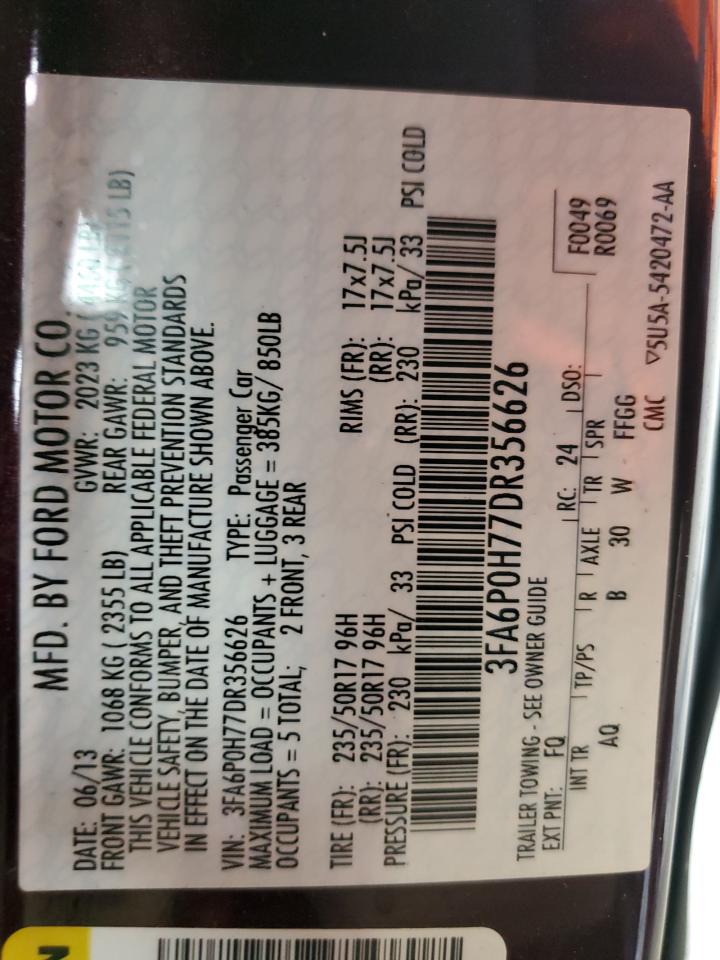 2013 Ford Fusion VIN 3FA6P0H77DR356626 Copart auction photo, front end / minor dent/scratches damage thumbnail 13