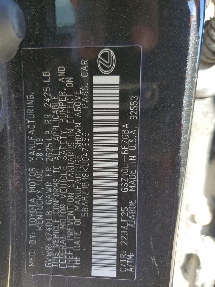 2019 Lexus ES VIN 58ABZ1B18KU047836 Copart auction photo, front end damage thumbnail 12