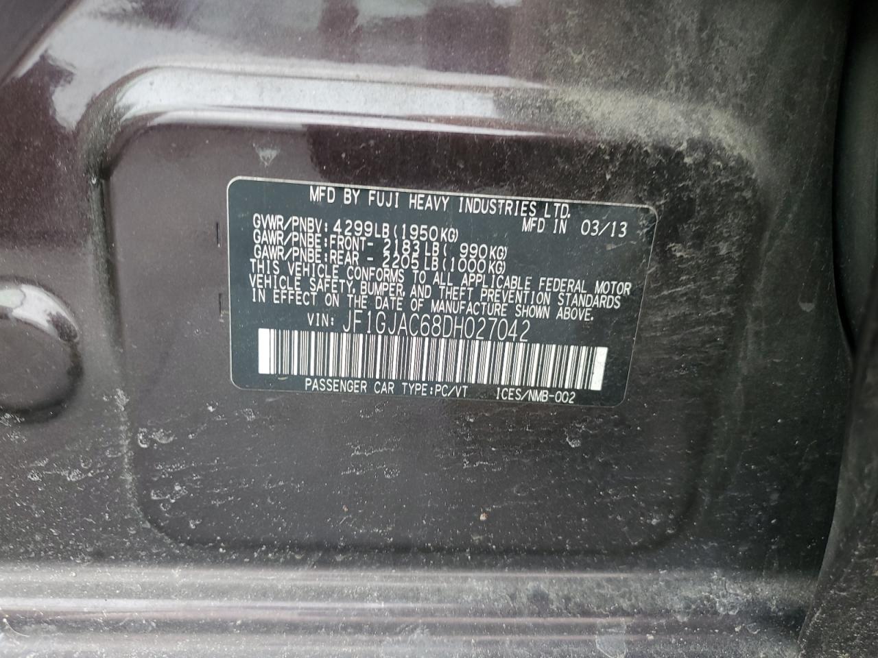2013 Subaru Impreza VIN JF1GJAC68DH027042 Copart auction photo, front end / side damage thumbnail 13