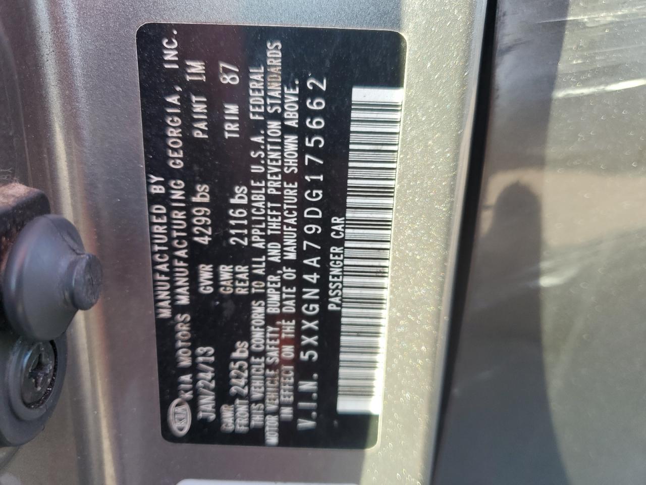 2013 KIA Optima VIN 5XXGN4A79DG175662 Copart auction photo, all over damage thumbnail 12