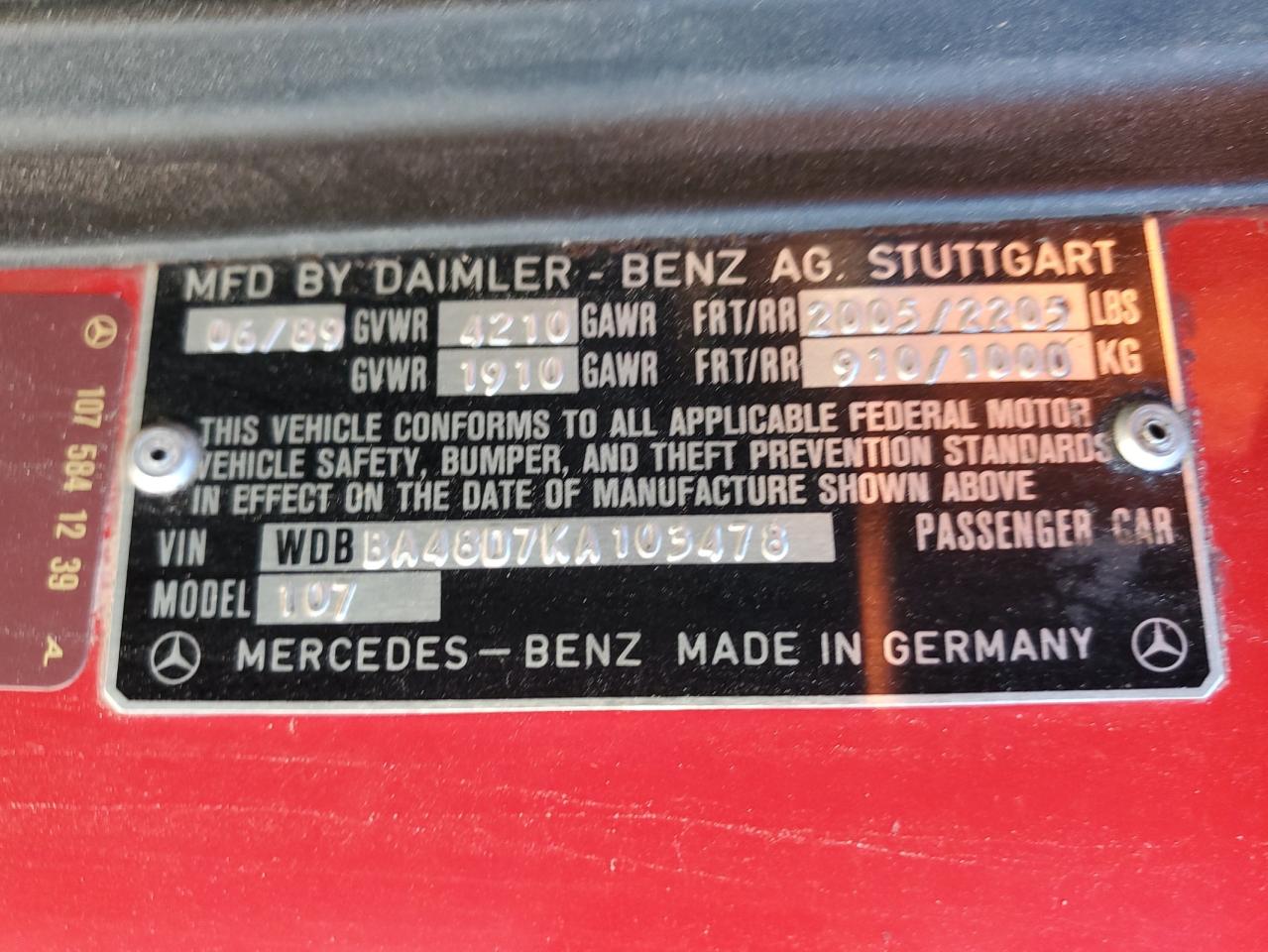 1989 Mercedes-Benz SL-klasse VIN WDBBA48D7KA103478 Copart auction photo, side / front end damage thumbnail 14