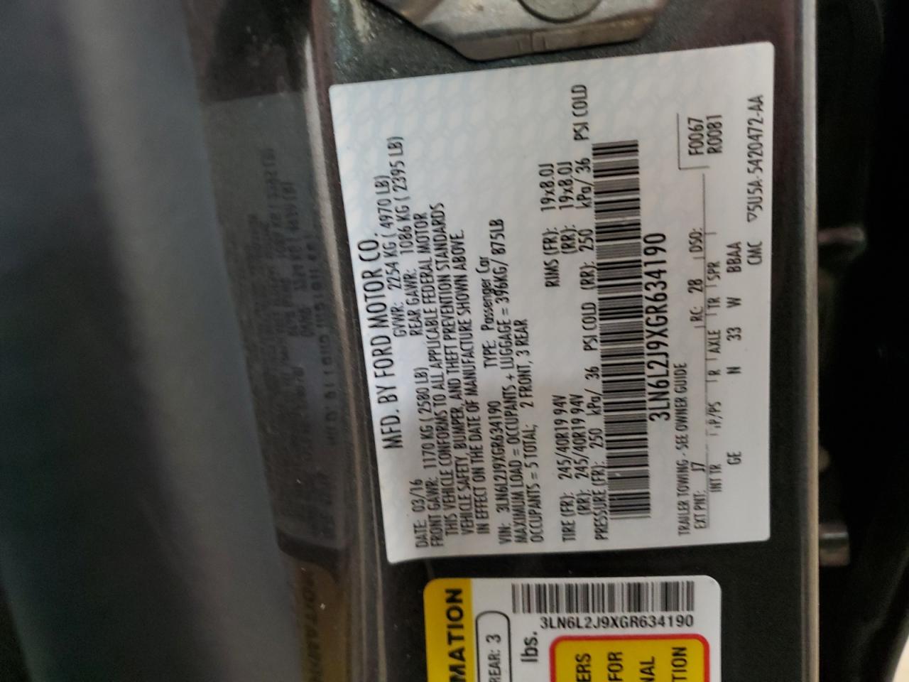 2016 Lincoln MKZ VIN 3LN6L2J9XGR634190 Copart auction photo, front end damage thumbnail 12