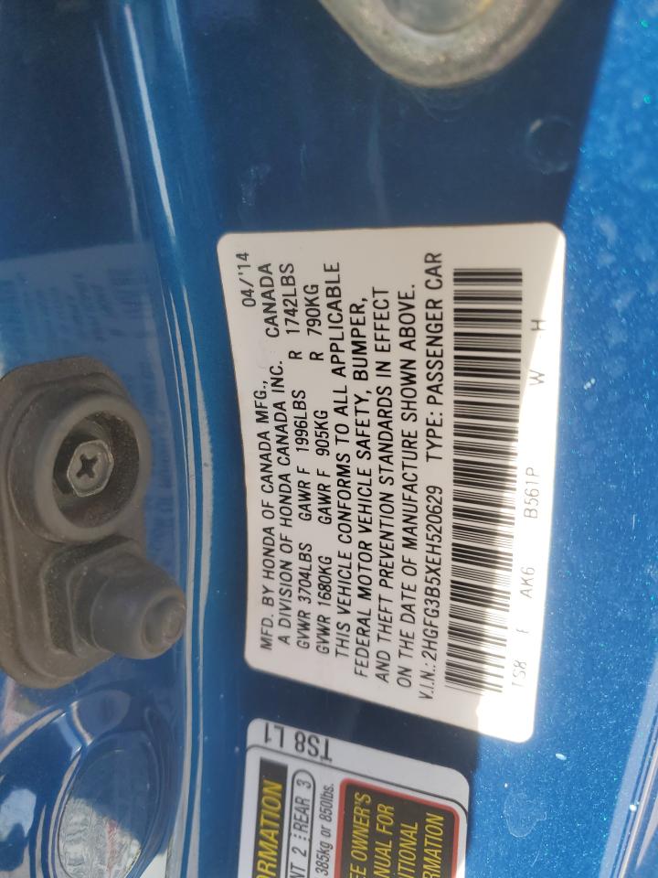 2014 Honda Civic VIN 2HGFG3B5XEH520629 Copart auction photo, rear end / side damage thumbnail 13