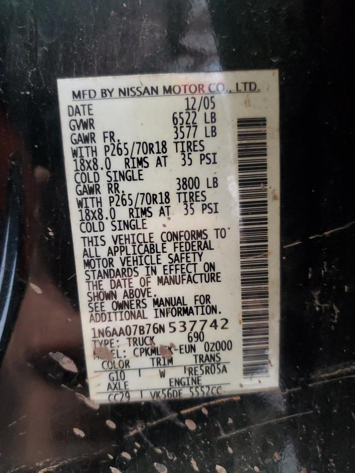2006 Nissan Titan VIN 1N6AA07B76N537742 Copart auction photo, all over damage thumbnail 12
