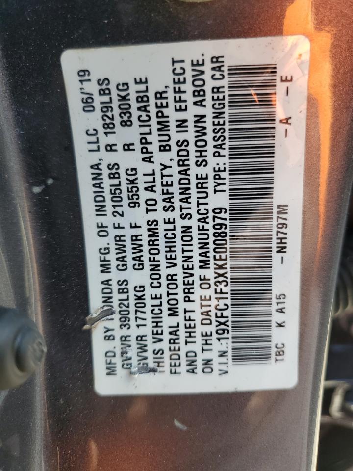2019 Honda Civic VIN 19XFC1F3XKE008979 Copart auction photo, side damage thumbnail 12