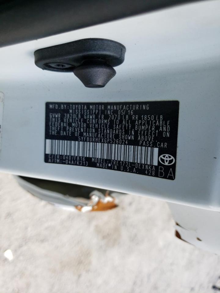 2016 Toyota Corolla VIN 5YFBURHEXGP526024 Copart auction photo, side / front end damage thumbnail 10