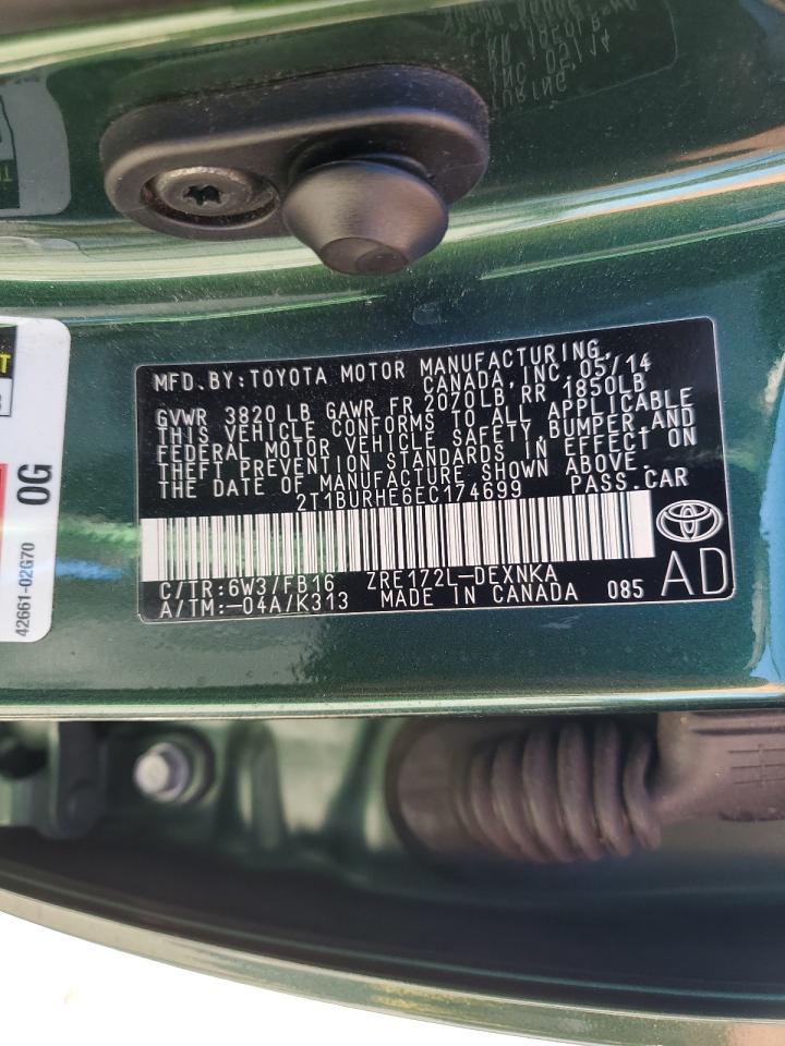2014 Toyota Corolla VIN 2T1BURHE6EC174699 Copart auction photo, side / rear end damage thumbnail 14
