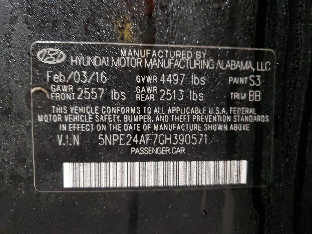 2016 Hyundai Sonata VIN 5NPE24AF7GH390571 Copart auction photo, all over damage thumbnail 14