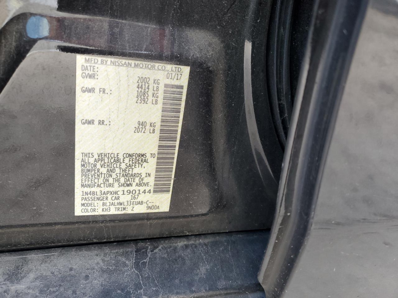 2017 Nissan Altima VIN 1N4BL3APXHC190144 Copart auction photo, front end damage thumbnail 14