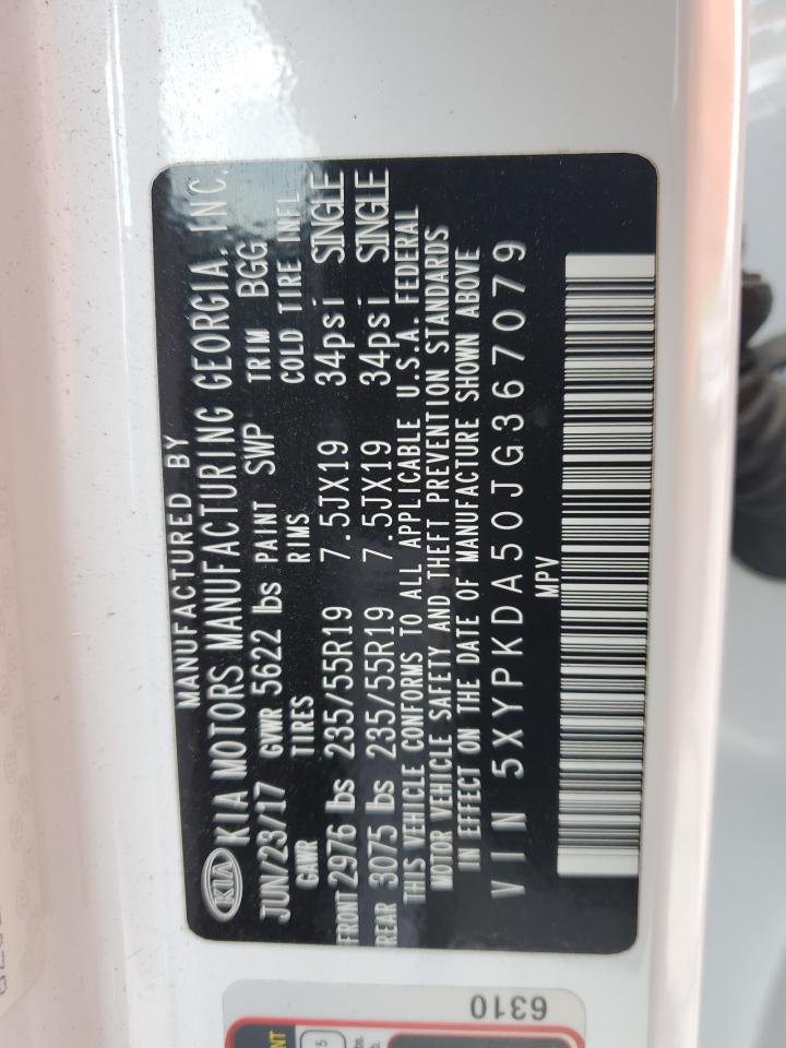 2018 KIA Sorento VIN 5XYPKDA50JG367079 Copart auction photo, front end / all over damage thumbnail 14