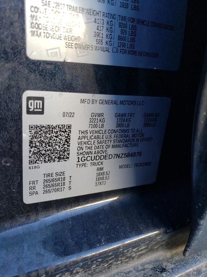 2022 Chevrolet Silverado VIN 1GCUDDED7NZ584876 Copart auction photo, front end / hail damage thumbnail 12