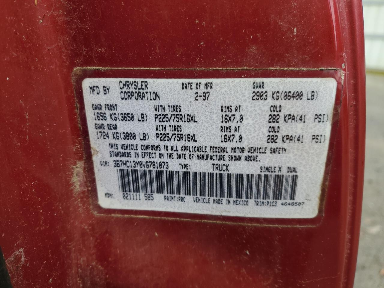 1997 Dodge RAM VIN 3B7HC13Y0VG781073 Copart auction photo, all over damage thumbnail 14