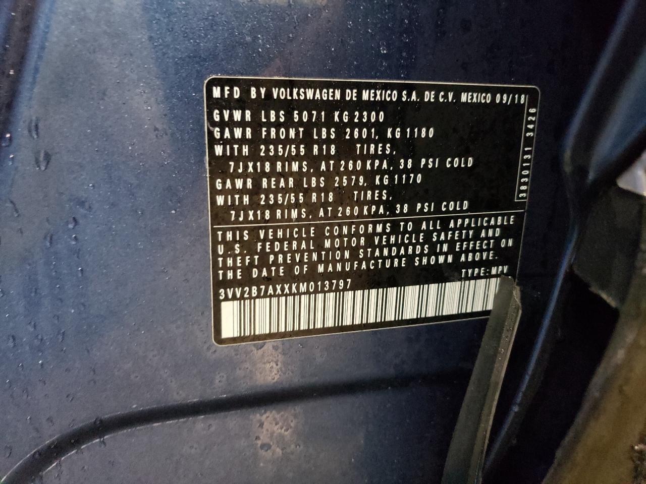 2019 Volkswagen Tiguan VIN 3VV2B7AXXKM013797 Copart auction photo, side / front end damage thumbnail 12
