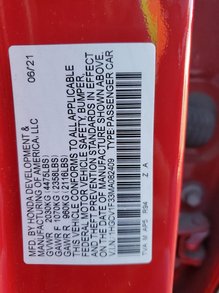 2021 Honda Accord VIN 1HGCV1F33MA082409 Copart auction photo, front end / rear end damage thumbnail 12