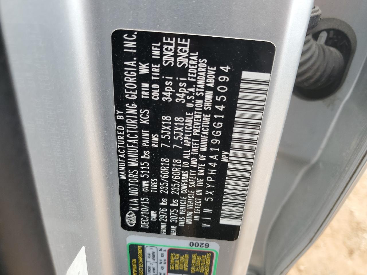 2016 KIA Sorento VIN 5XYPH4A19GG145094 Copart auction photo, rollover damage thumbnail 13