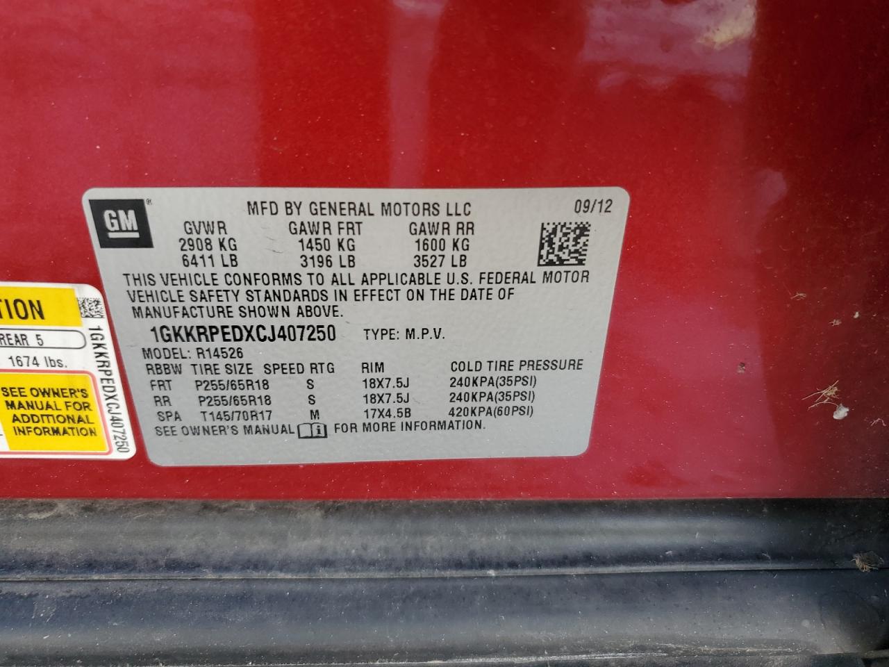 2012 GMC Acadia VIN 1GKKRPEDXCJ407250 Copart auction photo, burn - engine damage thumbnail 13