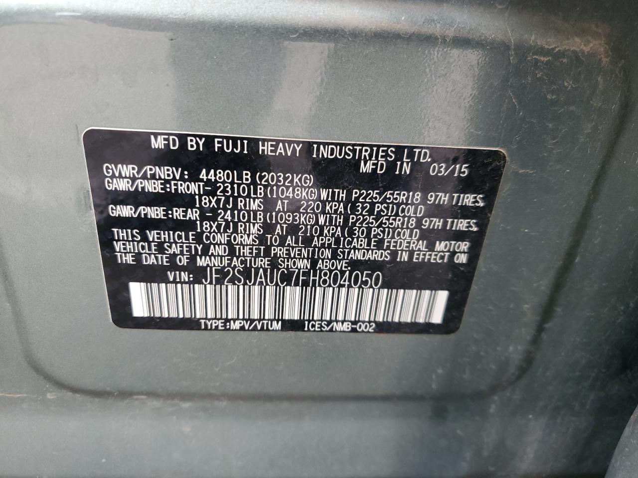 2015 Subaru Forester VIN JF2SJAUC7FH804050 Copart auction photo, front end / minor dent/scratches damage thumbnail 13