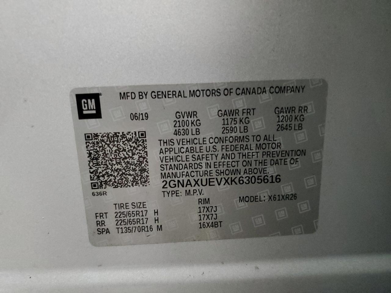 2019 Chevrolet Equinox VIN 2GNAXUEVXK6305616 Copart auction photo, front end damage thumbnail 14