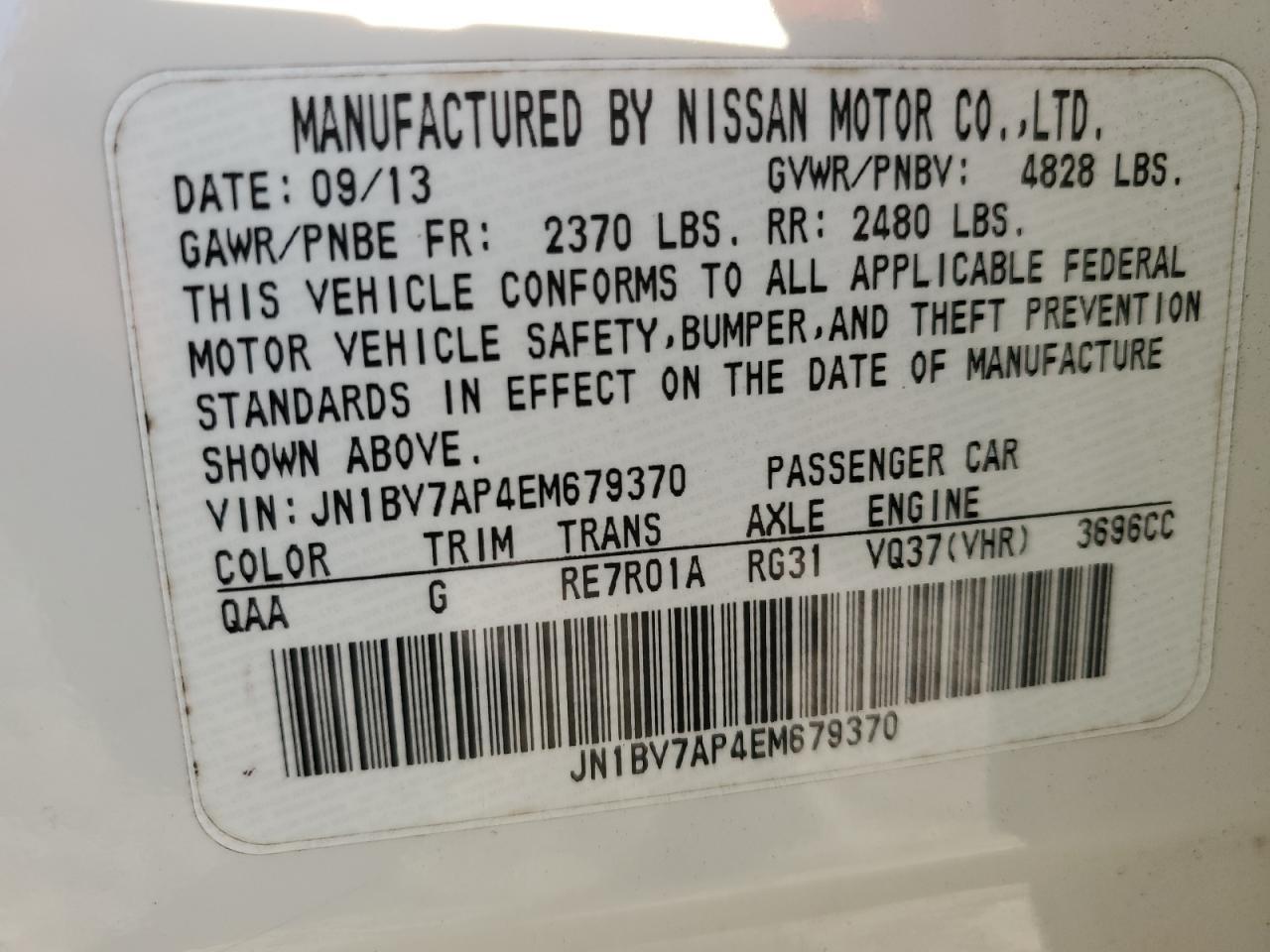 2014 Infiniti Q50 VIN JN1BV7AP4EM679370 Copart auction photo, front end / side damage thumbnail 12