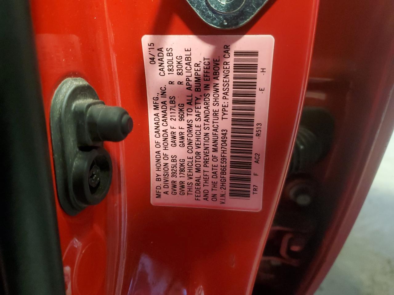 2015 Honda Civic VIN 2HGFB6E59FH704943 Copart auction photo, front end damage thumbnail 13