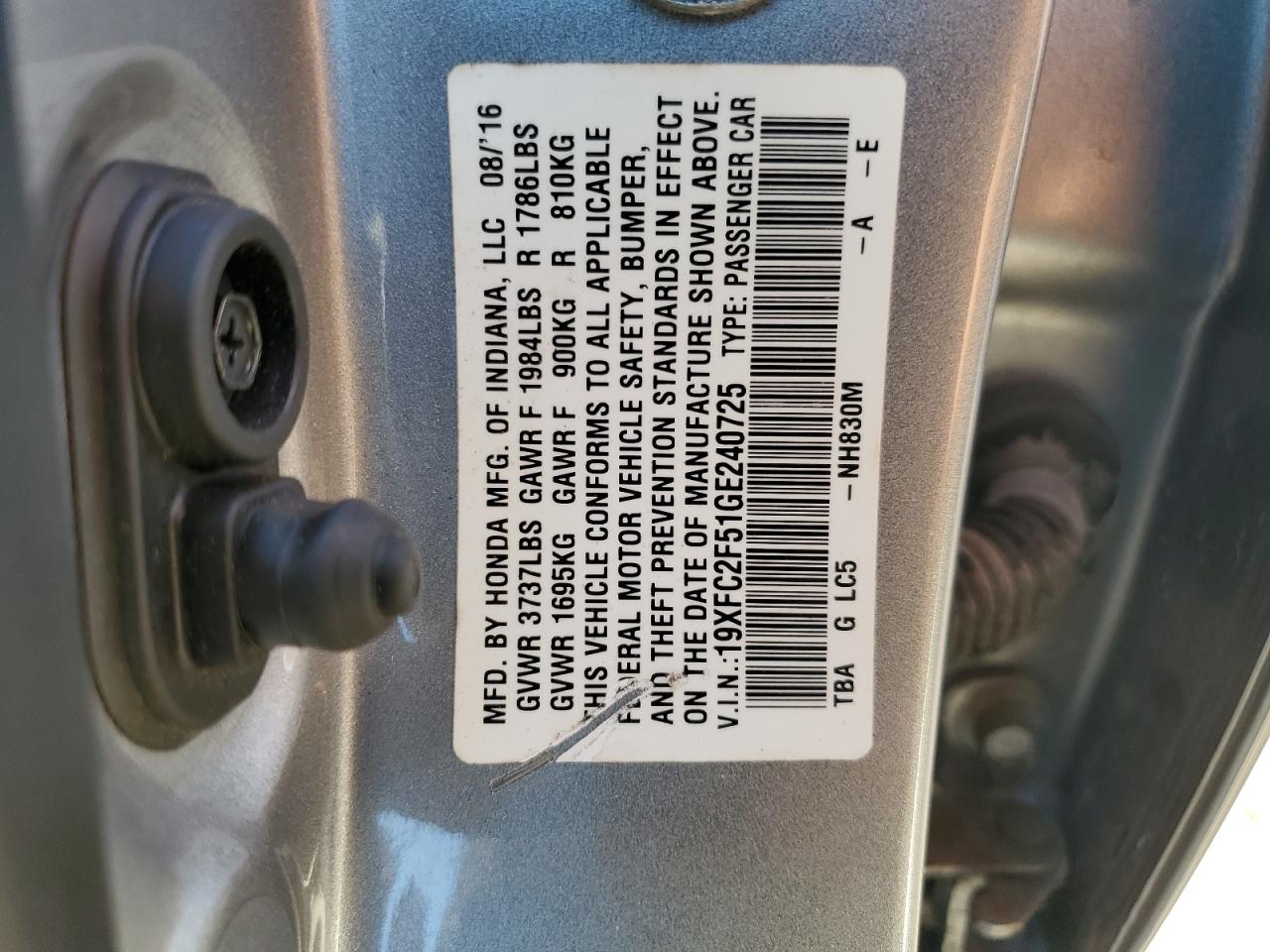 2016 Honda Civic VIN 19XFC2F51GE240725 Copart auction photo, front end damage thumbnail 13
