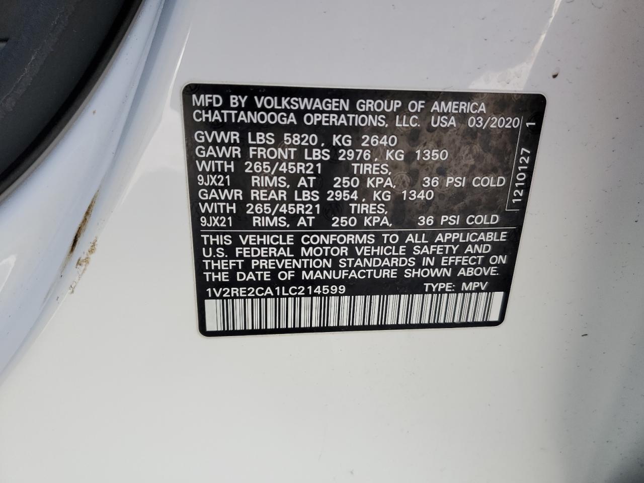 2020 Volkswagen Atlas VIN 1V2RE2CA1LC214599 Copart auction photo, undercarriage damage thumbnail 12