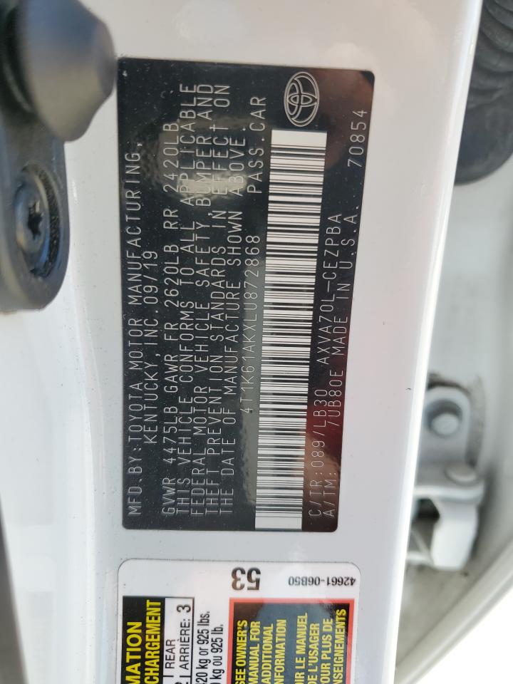 2020 Toyota Camry VIN 4T1K61AKXLU872868 Copart auction photo, side / rear end damage thumbnail 12