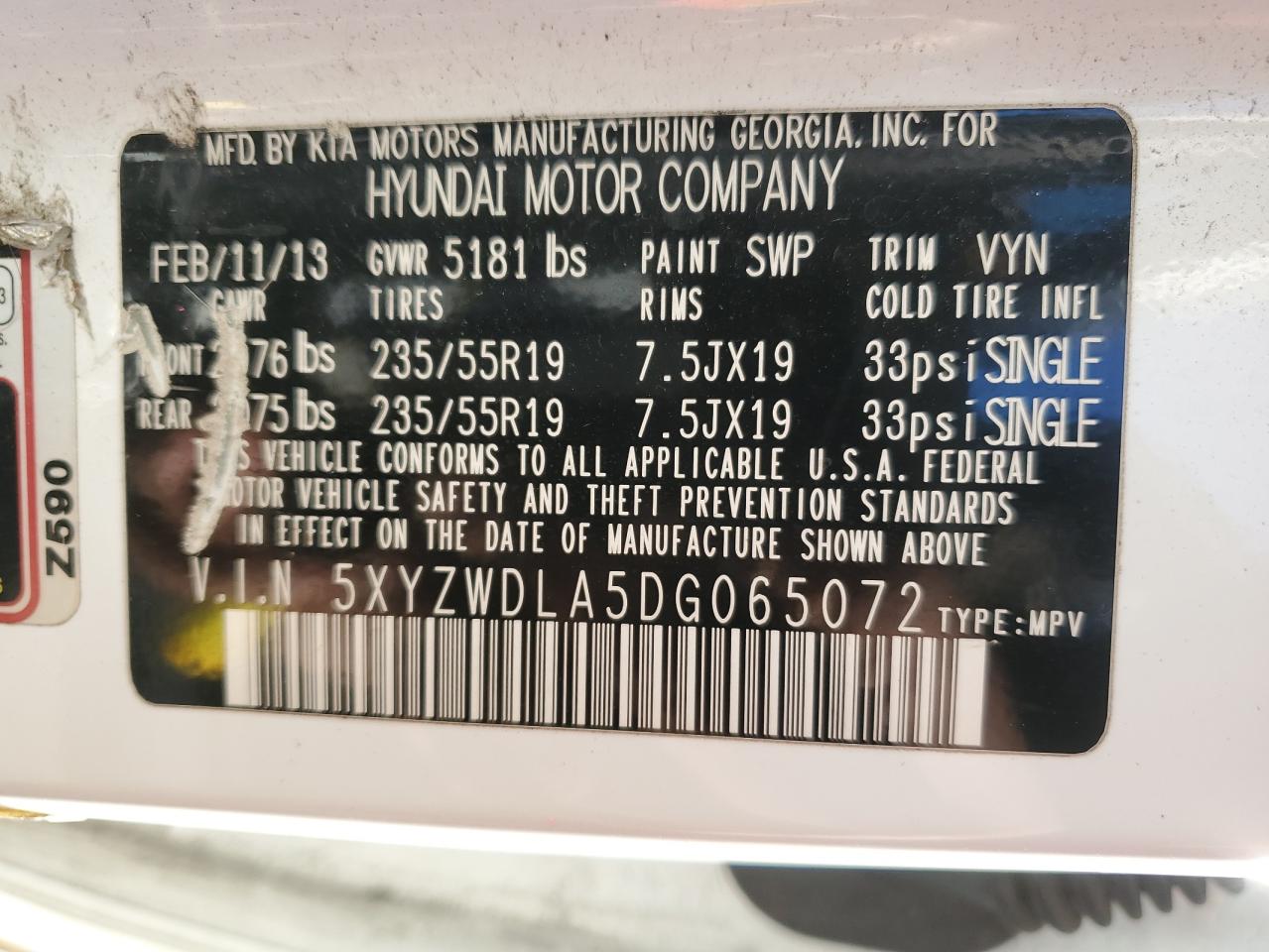 2013 Hyundai Santa Fe VIN 5XYZWDLA5DG065072 Copart auction photo, minor dent/scratches damage thumbnail 13
