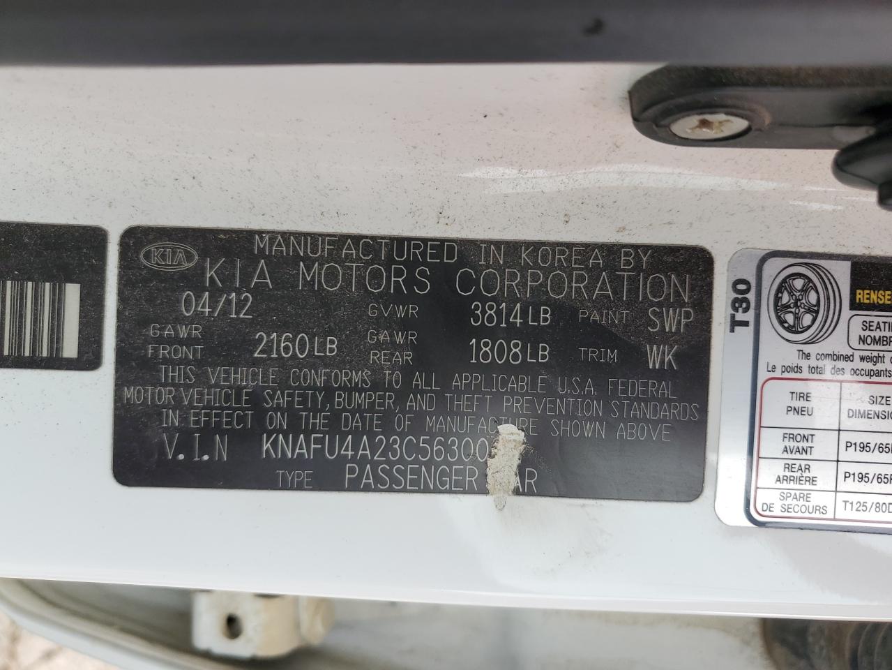 2012 KIA Forte VIN KNAFU4A23C5630038 Copart auction photo, rear end / minor dent/scratches damage thumbnail 12