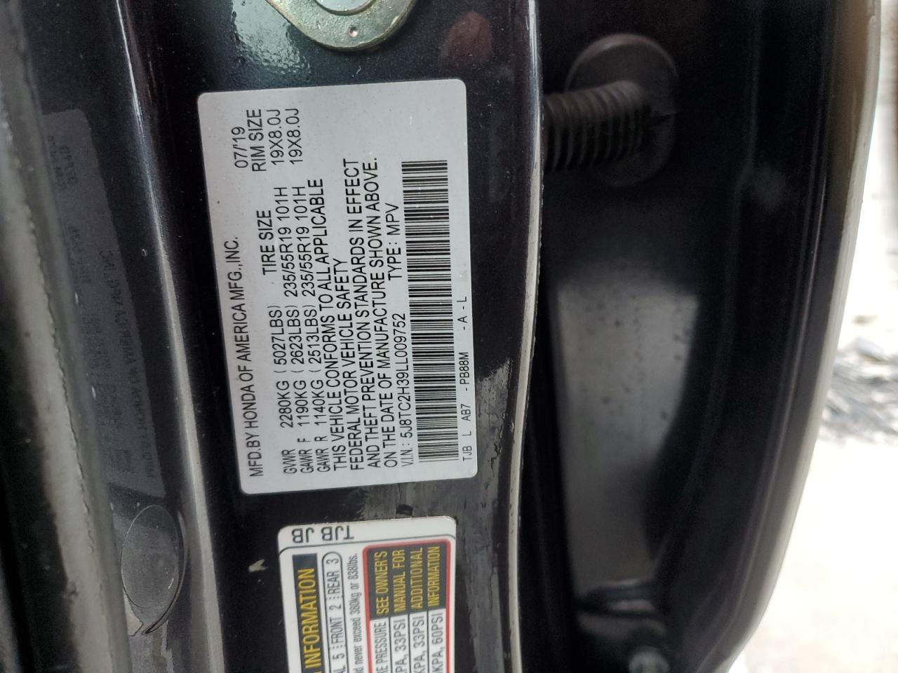 2020 Acura RDX VIN 5J8TC2H39LL009752 Copart auction photo, hail damage thumbnail 13