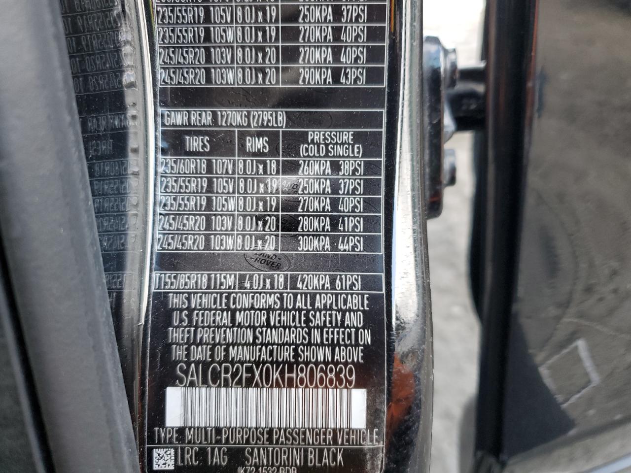 2019 Land Rover Discovery VIN SALCR2FX0KH806839 Copart auction photo, rear end damage thumbnail 13