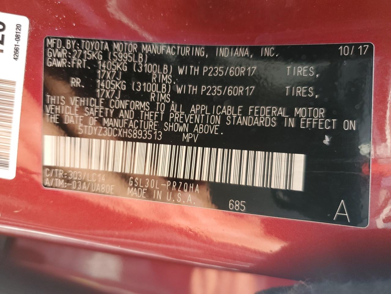 2017 Toyota Sienna VIN 5TDYZ3DCXHS893513 Copart auction photo, front end damage thumbnail 13