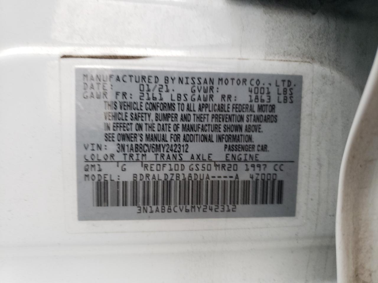 2021 Nissan Sentra VIN 3N1AB8CV6MY242312 Copart auction photo, top/roof damage thumbnail 12