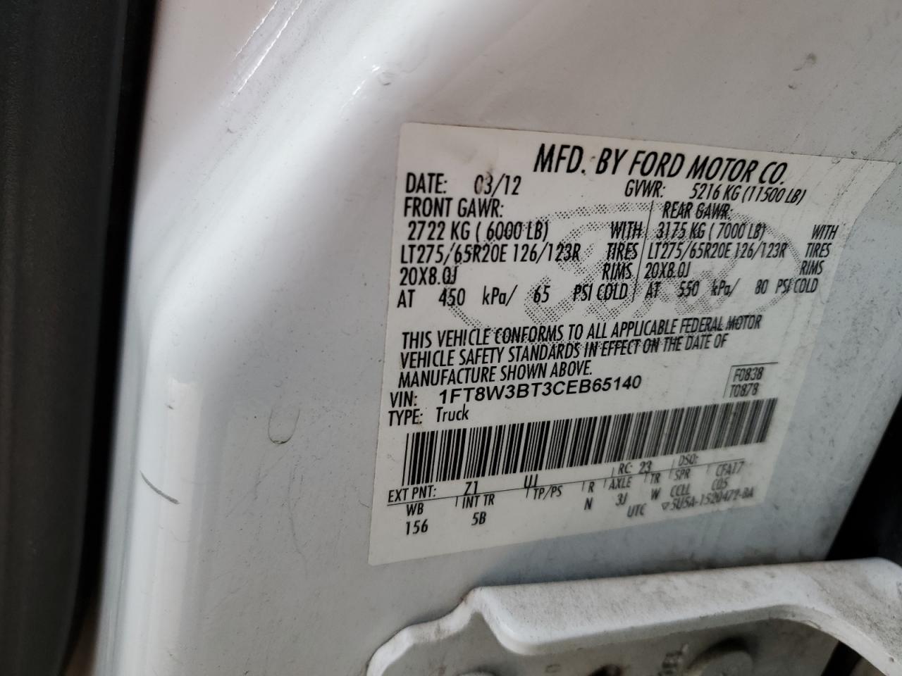 2012 Ford F350 VIN 1FT8W3BT3CEB65140 Copart auction photo, front end damage thumbnail 14