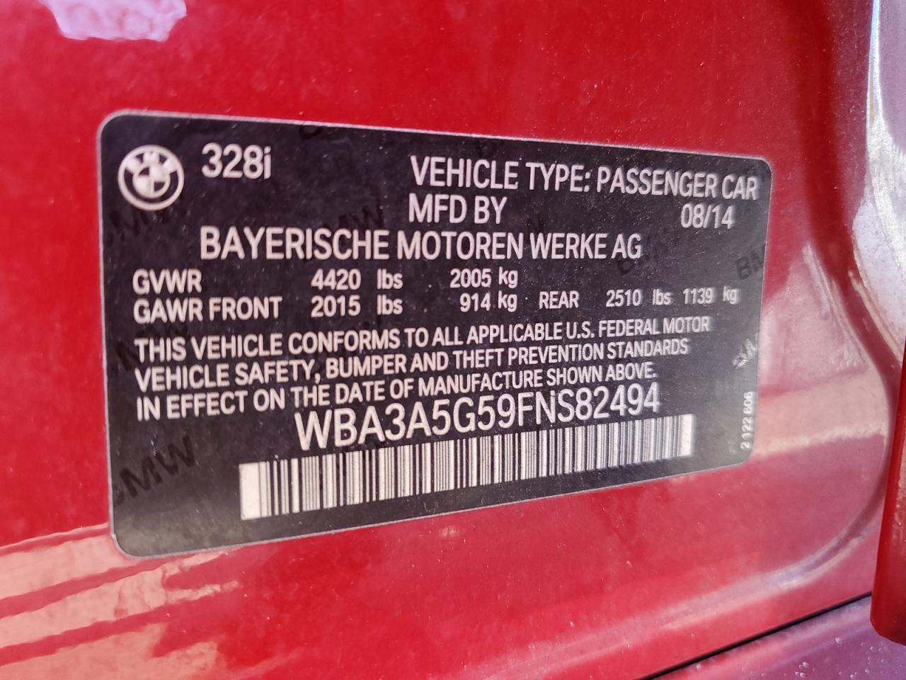 2015 BMW 3er VIN WBA3A5G59FNS82494 Copart auction photo, front end damage thumbnail 12
