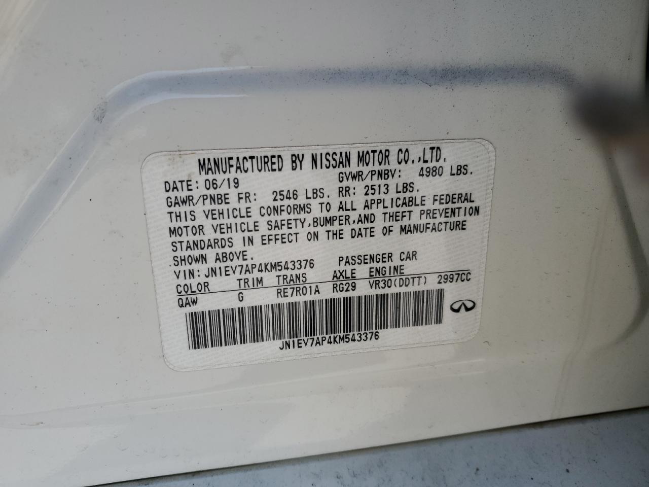 2019 Infiniti Q50 VIN JN1EV7AP4KM543376 Copart auction photo, front end damage thumbnail 12
