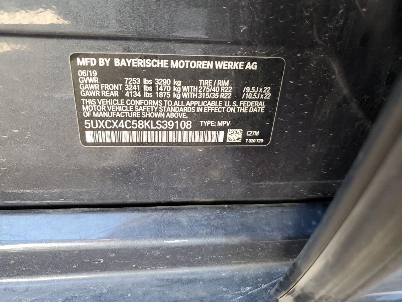 2019 BMW X7 VIN 5UXCX4C58KLS39108 Copart auction photo, front end damage thumbnail 13