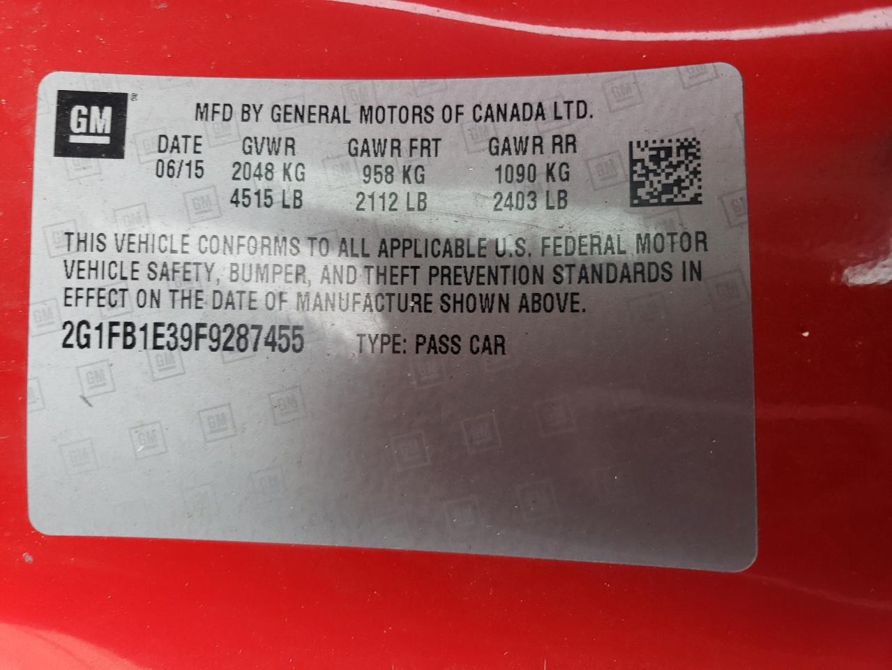 2015 Chevrolet Camaro VIN 2G1FB1E39F9287455 Copart auction photo, front end damage thumbnail 12