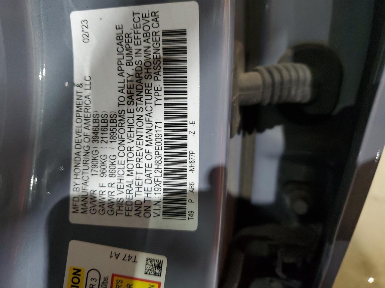2023 Honda Civic VIN 19XFL2H83PE009171 Copart auction photo, undercarriage damage thumbnail 12